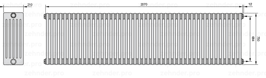 Схема (чертеж) Радиатор Zehnder Charleston 6075/45 №7610 Белый глянцевый RAL 9016